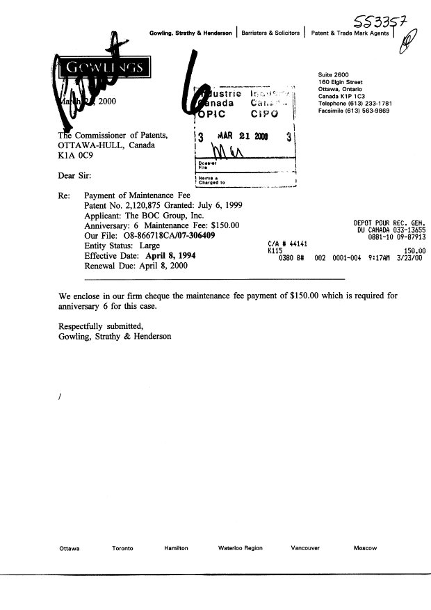 Document de brevet canadien 2120875. Taxes 20000321. Image 1 de 1