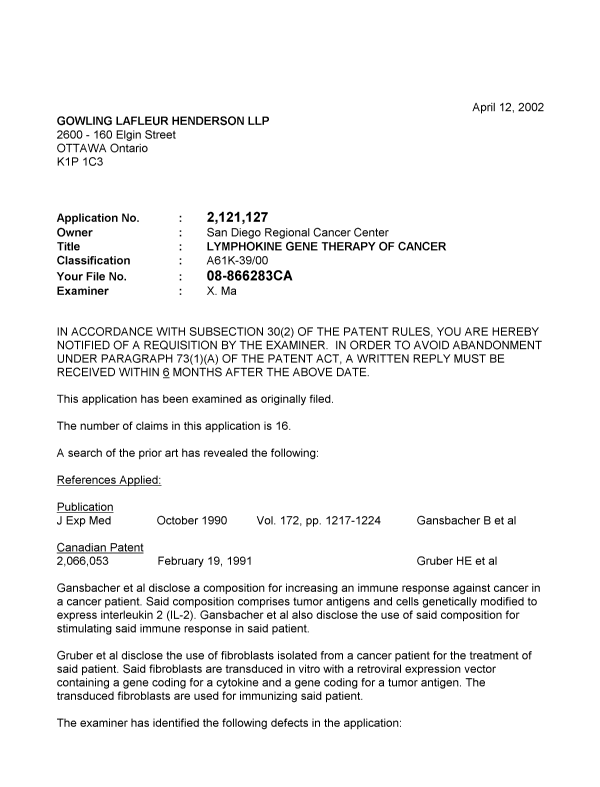 Canadian Patent Document 2121127. Prosecution-Amendment 20011212. Image 1 of 3