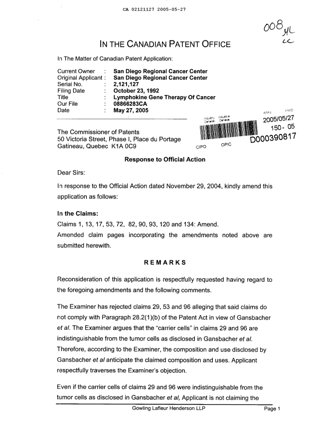 Canadian Patent Document 2121127. Prosecution-Amendment 20041227. Image 1 of 17