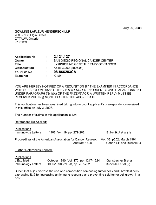 Canadian Patent Document 2121127. Prosecution-Amendment 20071229. Image 1 of 4