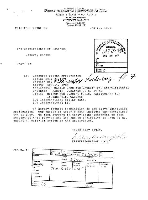 Canadian Patent Document 2121295. Prosecution Correspondence 19950120. Image 1 of 1