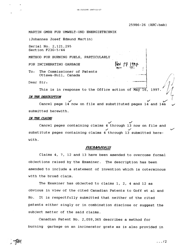 Document de brevet canadien 2121295. Correspondance de la poursuite 19971117. Image 1 de 4