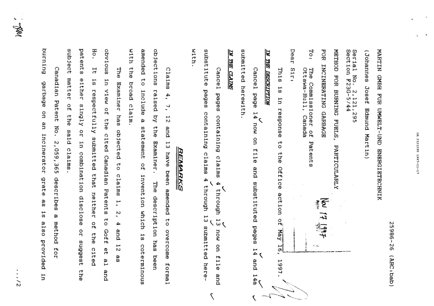 Canadian Patent Document 2121295. Prosecution Correspondence 19971117. Image 1 of 4
