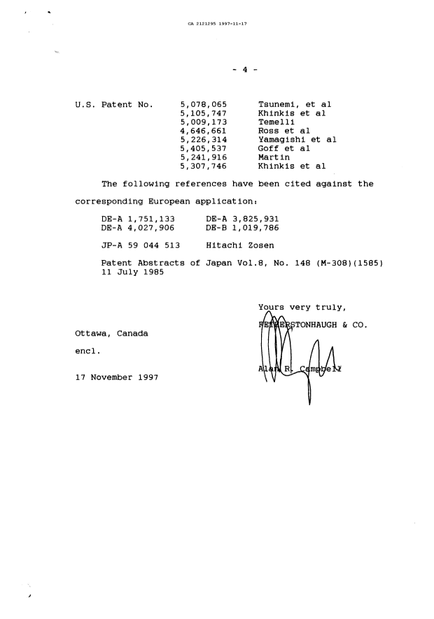 Canadian Patent Document 2121295. Prosecution Correspondence 19971117. Image 4 of 4