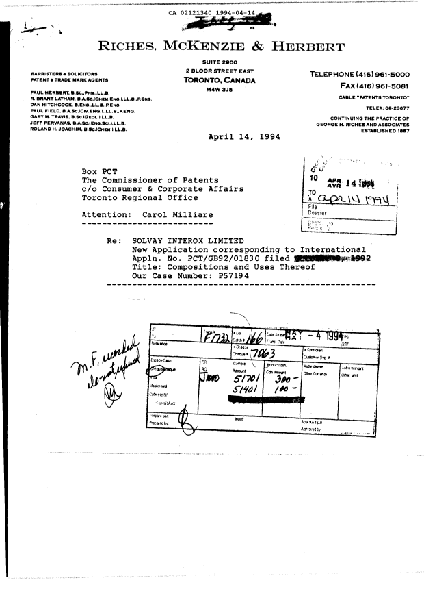 Canadian Patent Document 2121340. Fees 19940414. Image 1 of 1