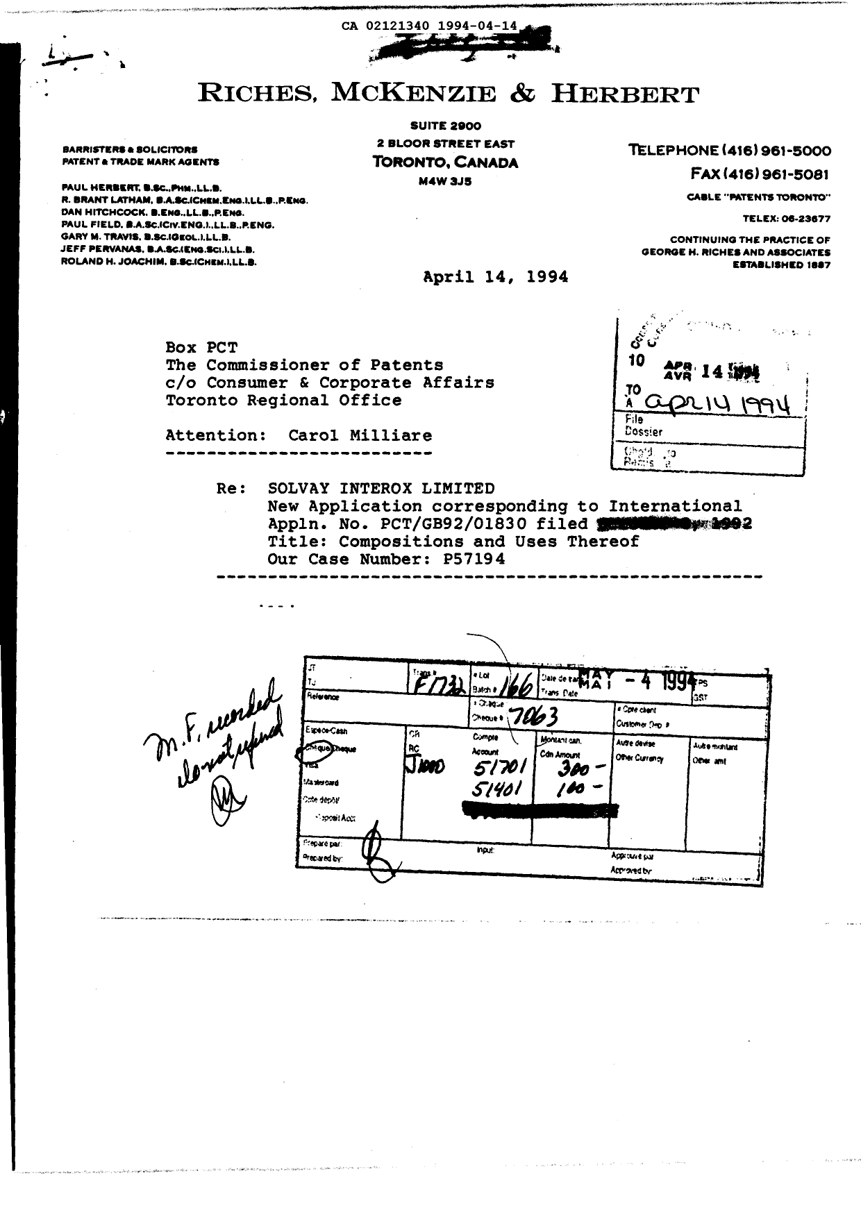 Canadian Patent Document 2121340. Fees 19940414. Image 1 of 1
