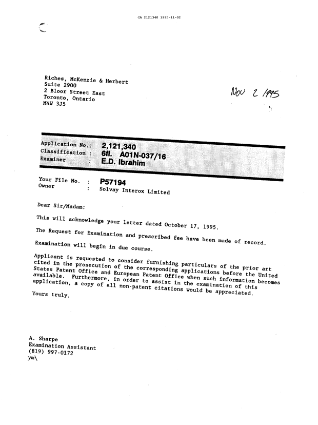 Canadian Patent Document 2121340. Office Letter 19951102. Image 1 of 1