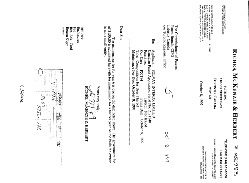 Canadian Patent Document 2121340. Fees 19971008. Image 1 of 1