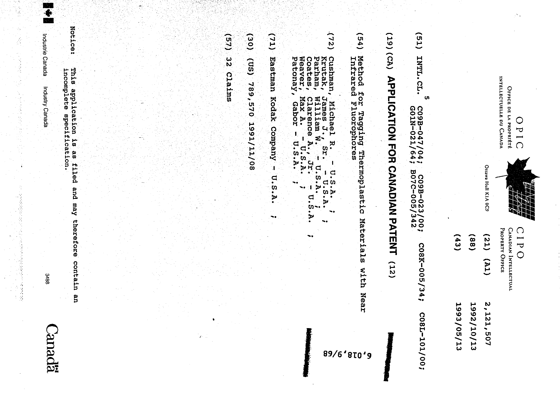 Canadian Patent Document 2121507. Cover Page 19941215. Image 1 of 1