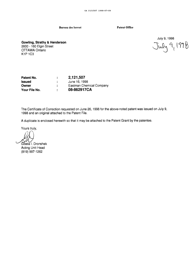 Canadian Patent Document 2121507. Correspondence 19971209. Image 1 of 1