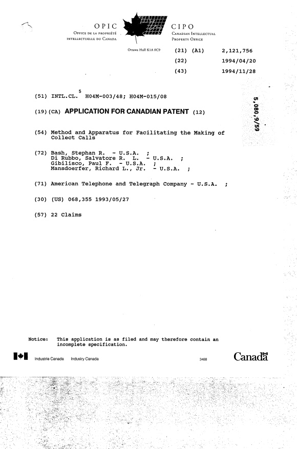 Canadian Patent Document 2121756. Cover Page 19950318. Image 1 of 1
