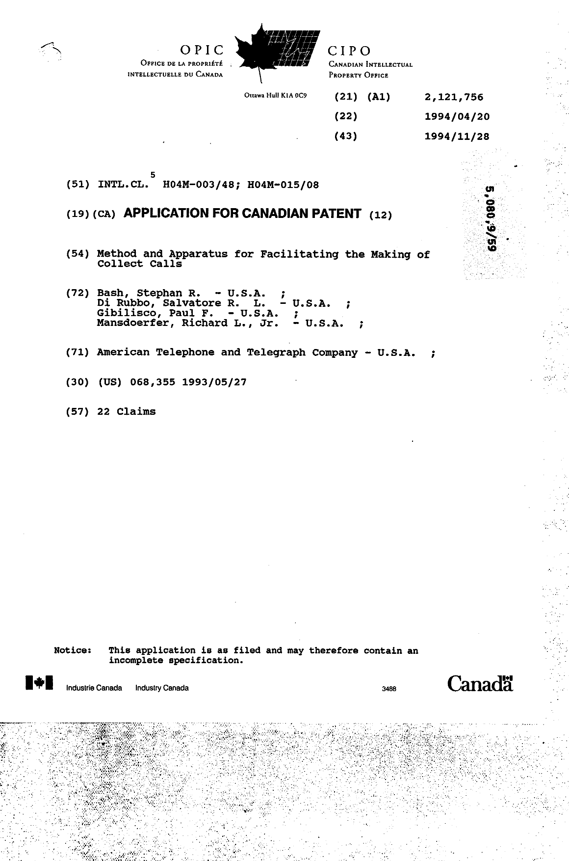 Canadian Patent Document 2121756. Cover Page 19950318. Image 1 of 1