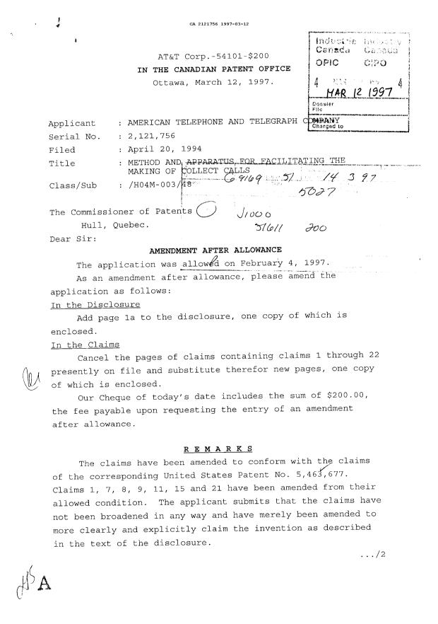 Canadian Patent Document 2121756. Prosecution Correspondence 19970312. Image 1 of 2