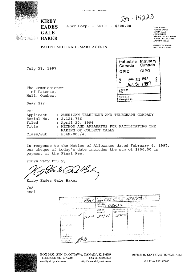 Canadian Patent Document 2121756. Correspondence Related to Formalities 19970731. Image 1 of 1