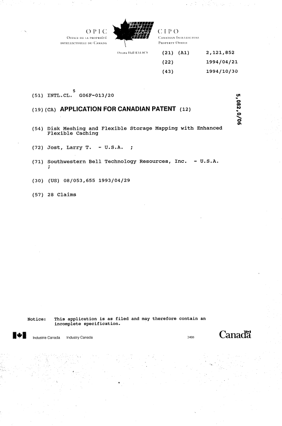 Document de brevet canadien 2121852. Page couverture 19950325. Image 1 de 1