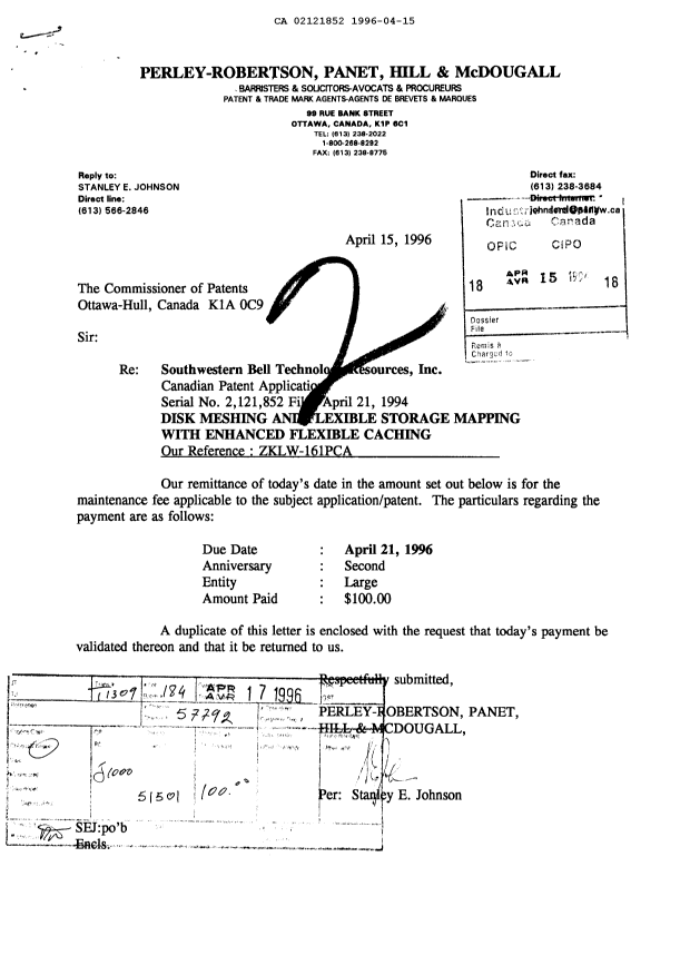 Document de brevet canadien 2121852. Taxes 19960415. Image 1 de 1