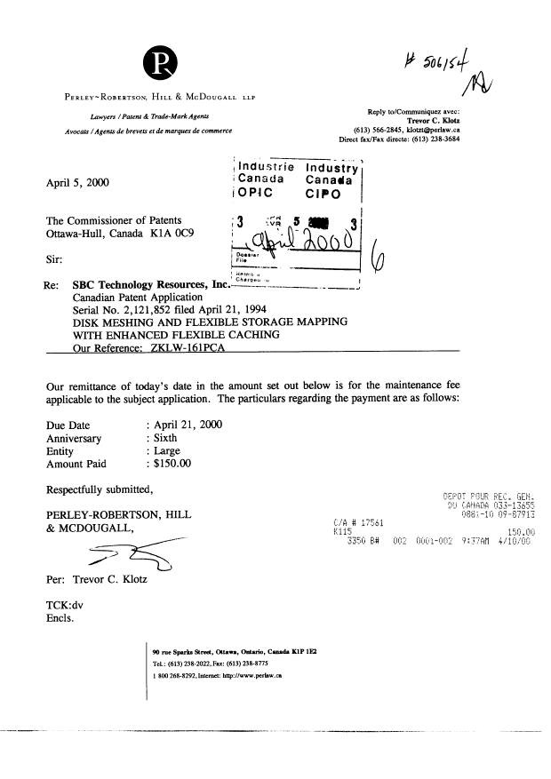 Document de brevet canadien 2121852. Taxes 20000405. Image 1 de 1