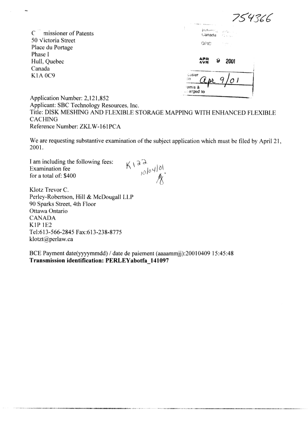 Document de brevet canadien 2121852. Poursuite-Amendment 20010409. Image 1 de 4