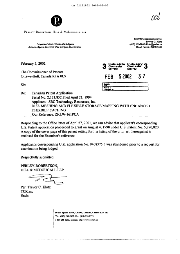 Canadian Patent Document 2121852. Prosecution-Amendment 20020205. Image 1 of 1