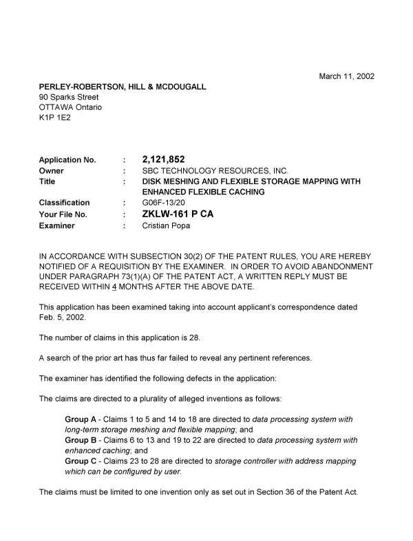 Document de brevet canadien 2121852. Poursuite-Amendment 20020311. Image 1 de 2