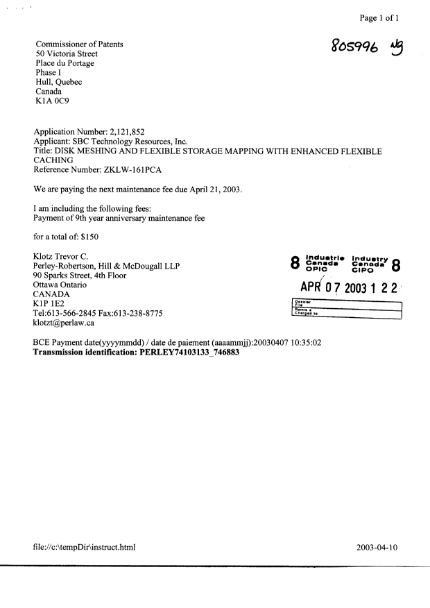 Document de brevet canadien 2121852. Taxes 20030407. Image 1 de 1