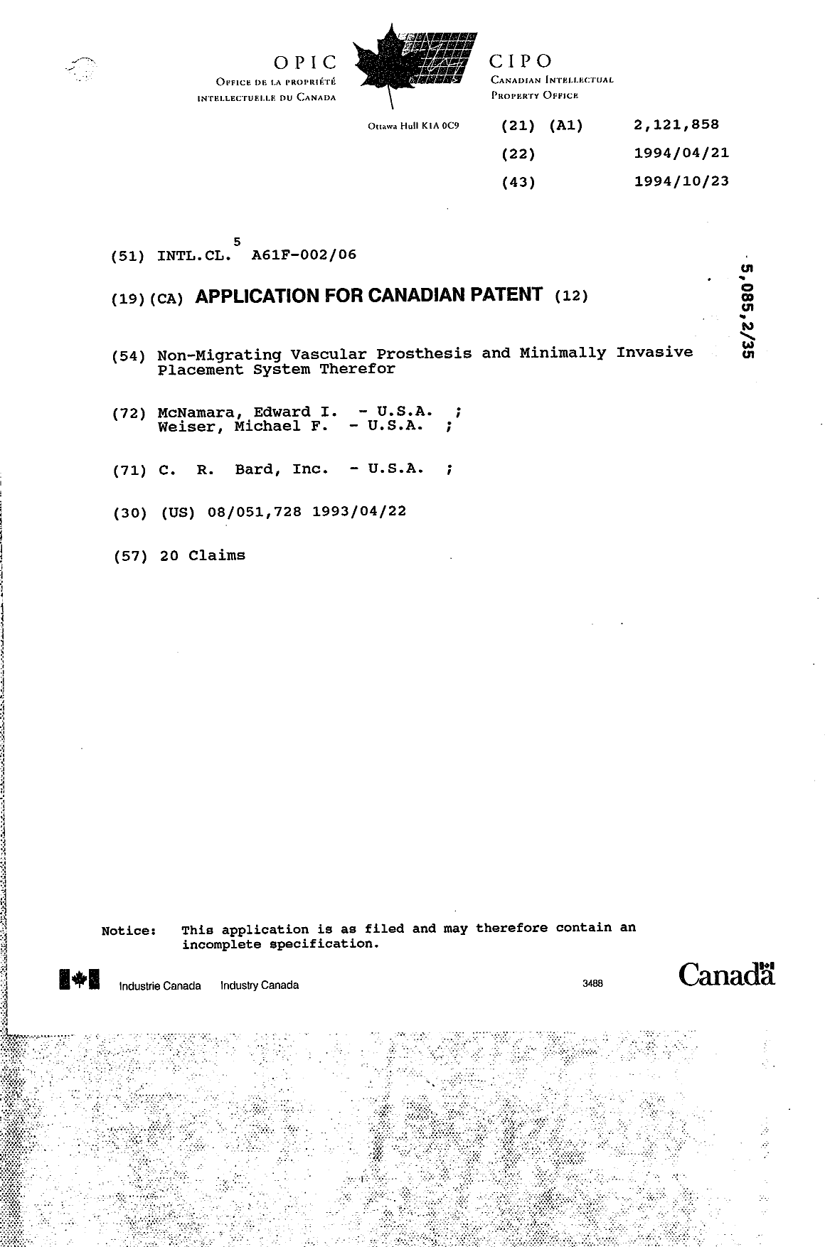 Canadian Patent Document 2121858. Cover Page 19950414. Image 1 of 1
