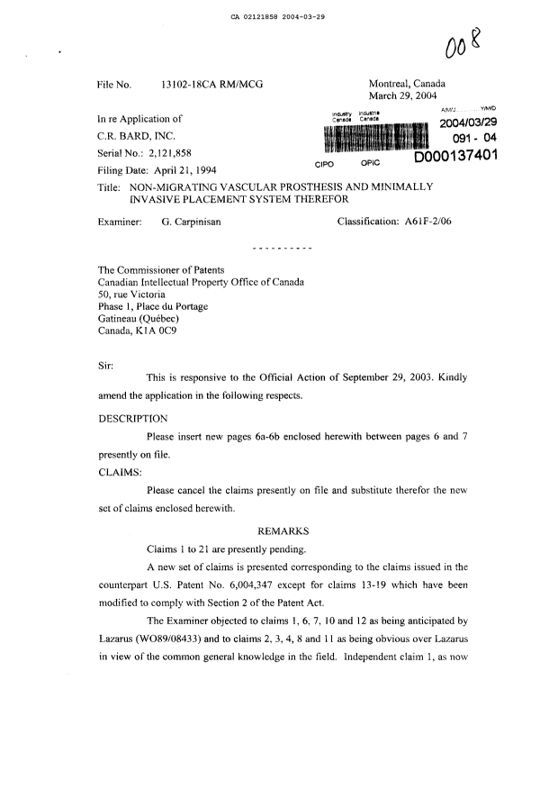 Document de brevet canadien 2121858. Poursuite-Amendment 20040329. Image 1 de 10