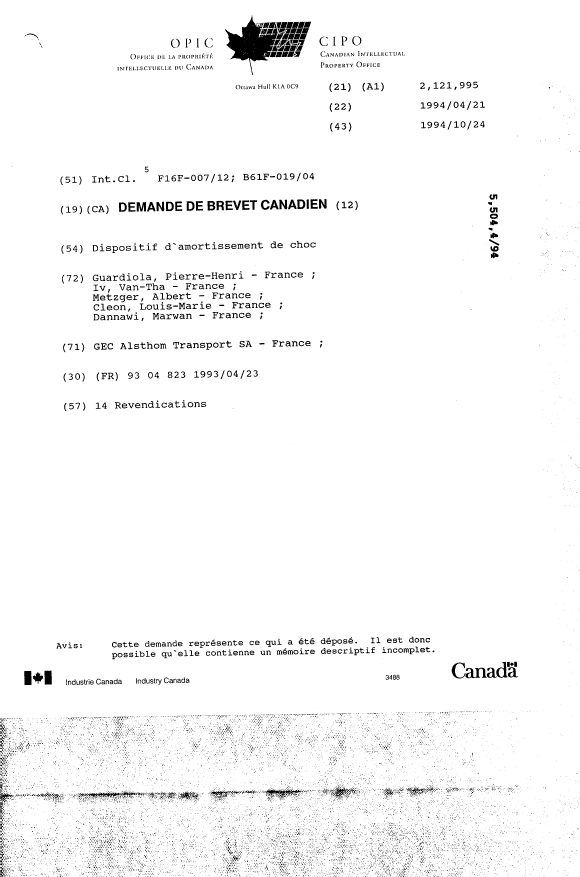 Document de brevet canadien 2121995. Page couverture 19950520. Image 1 de 1