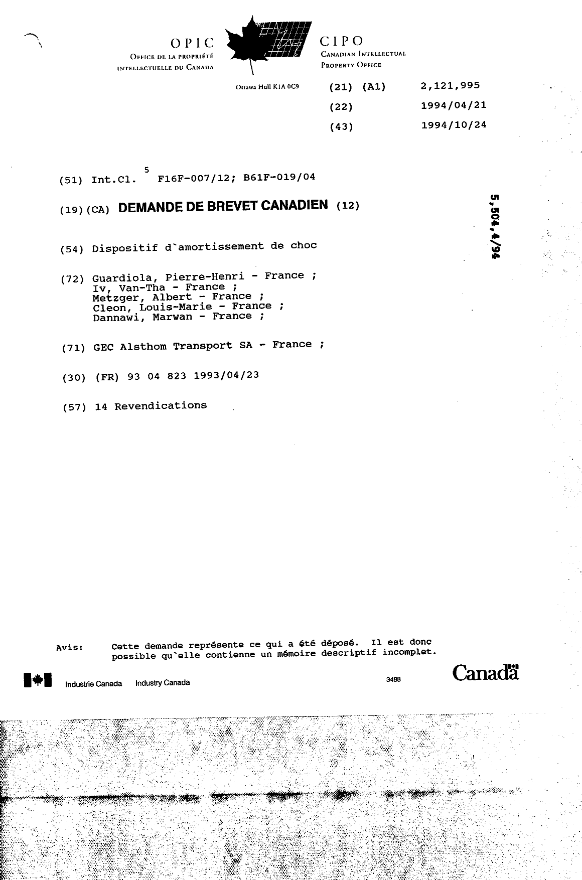Canadian Patent Document 2121995. Cover Page 19950520. Image 1 of 1