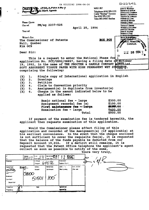 Canadian Patent Document 2122242. Fees 19931226. Image 1 of 1