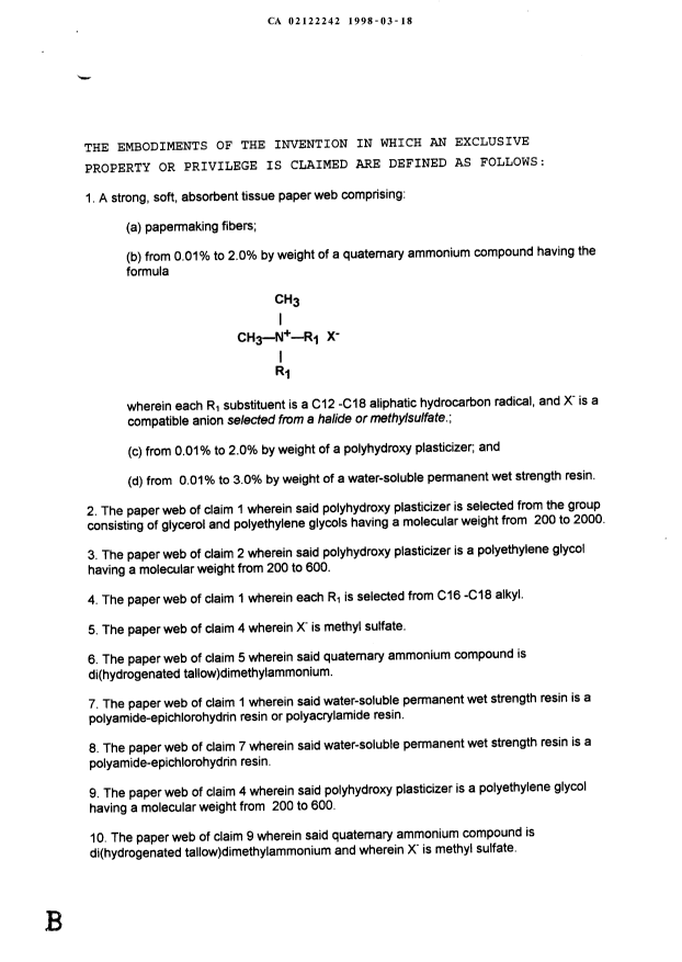 Canadian Patent Document 2122242. Claims 19971218. Image 1 of 2