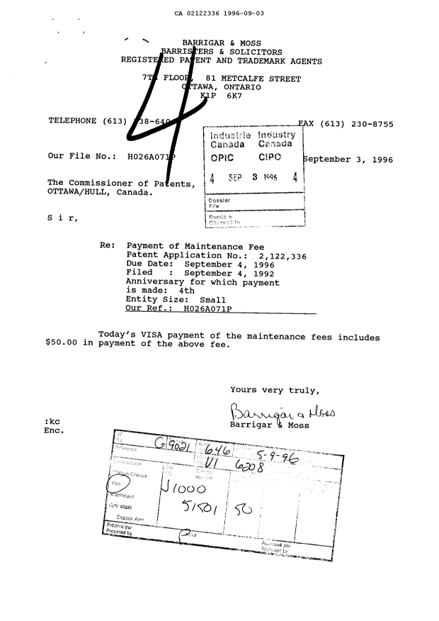 Document de brevet canadien 2122336. Taxes 19960903. Image 1 de 1