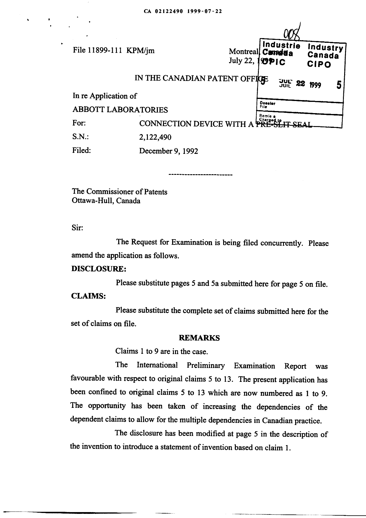 Canadian Patent Document 2122490. Prosecution-Amendment 19990722. Image 1 of 7