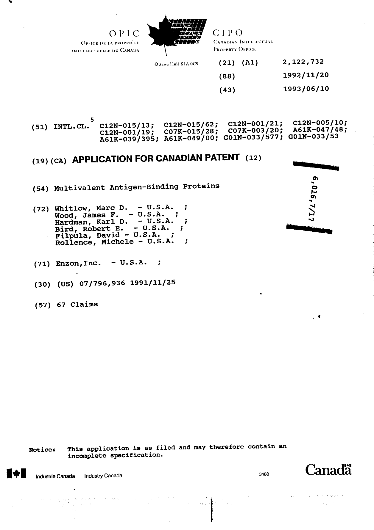 Canadian Patent Document 2122732. Cover Page 19950826. Image 1 of 1
