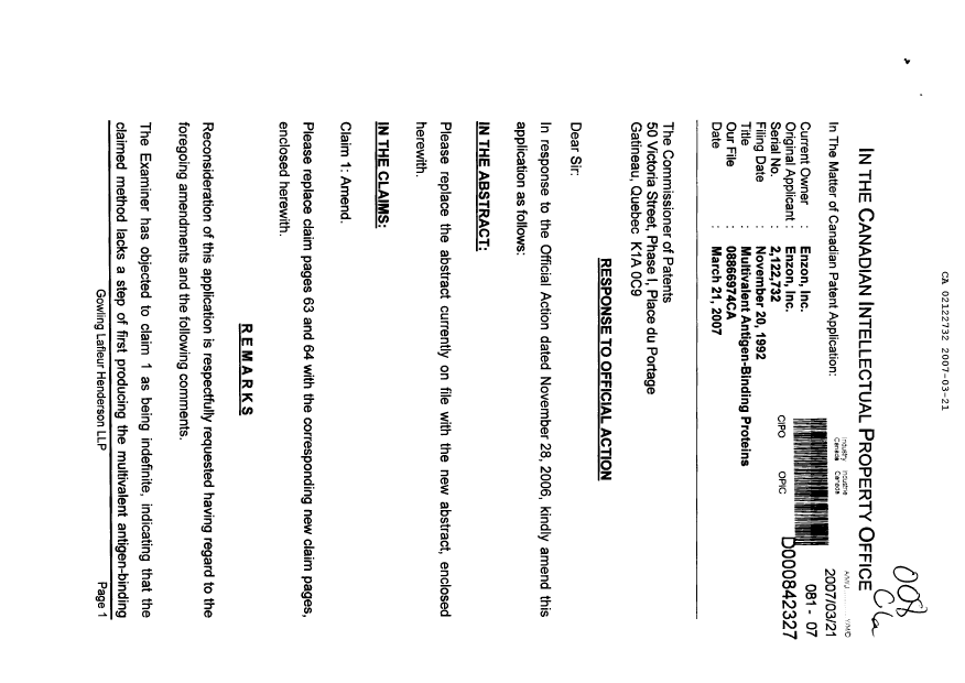 Canadian Patent Document 2122732. Prosecution-Amendment 20070321. Image 1 of 5