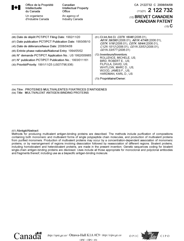 Document de brevet canadien 2122732. Page couverture 20080306. Image 1 de 2