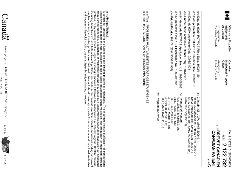 Canadian Patent Document 2122732. Cover Page 20080306. Image 1 of 2