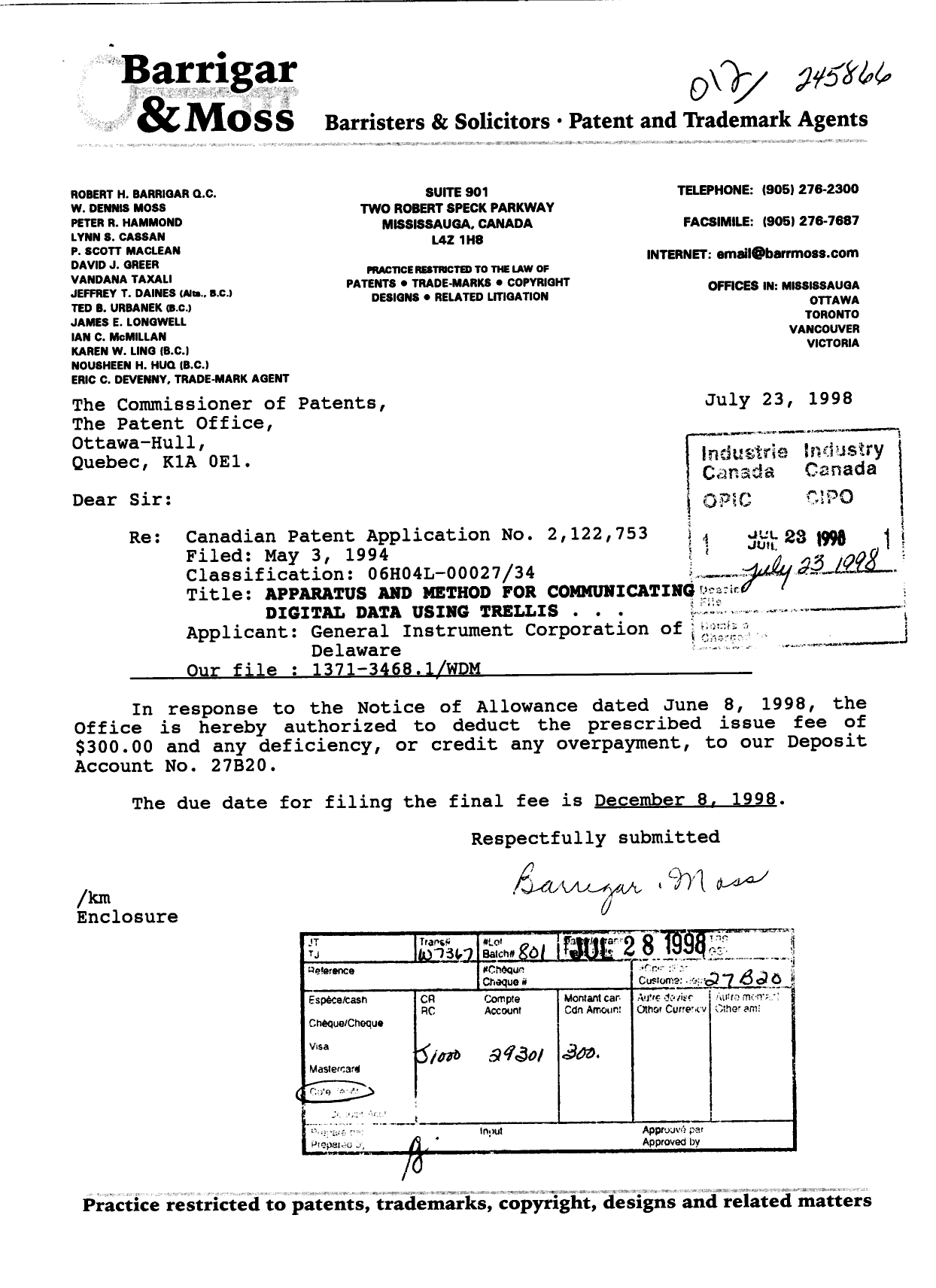 Canadian Patent Document 2122753. Correspondence 19971223. Image 1 of 1