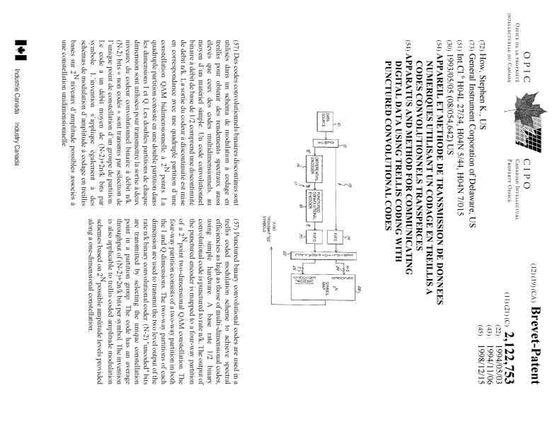 Document de brevet canadien 2122753. Page couverture 19981211. Image 1 de 1