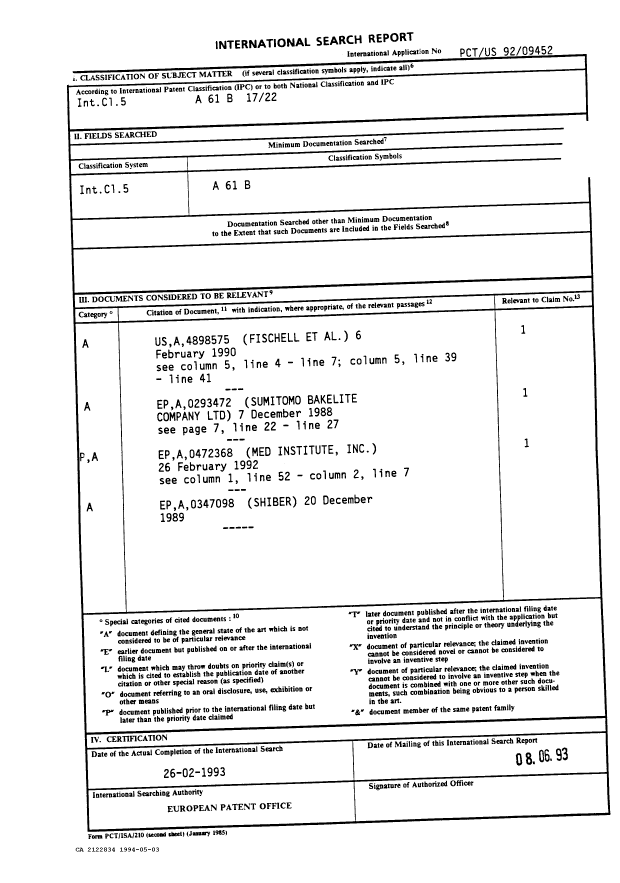 Document de brevet canadien 2122834. Rapport d'examen préliminaire international 19940503. Image 1 de 11