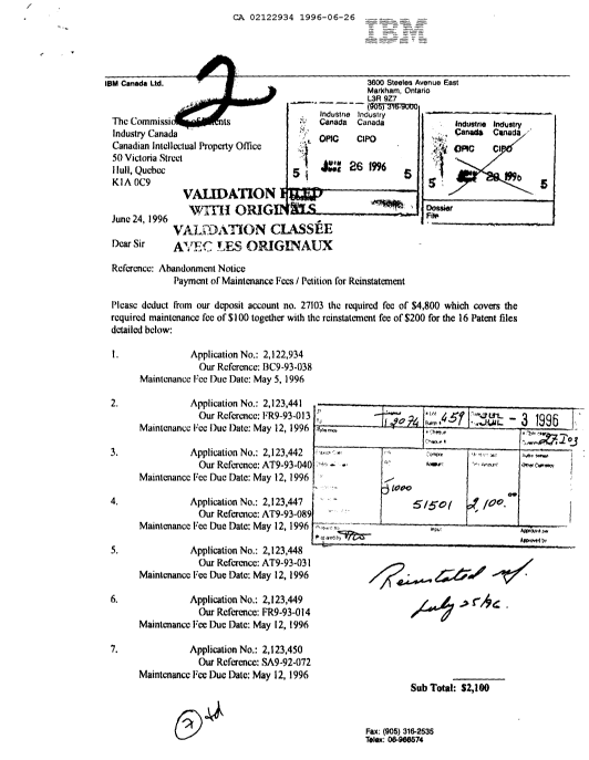Document de brevet canadien 2122934. Taxes 19960626. Image 1 de 1