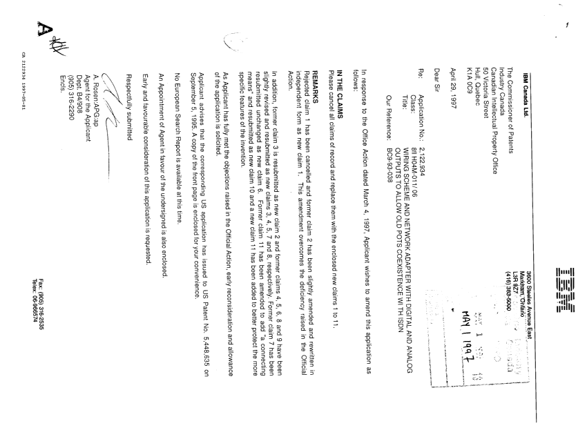 Canadian Patent Document 2122934. Prosecution Correspondence 19970501. Image 1 of 2