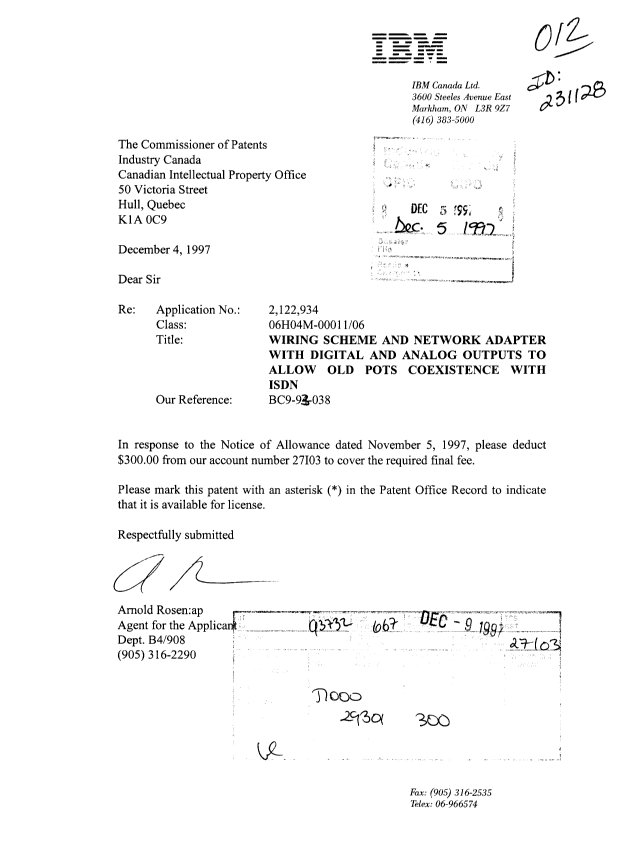 Document de brevet canadien 2122934. Correspondance 19971205. Image 1 de 1
