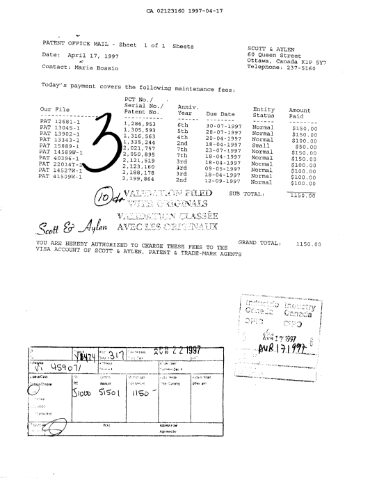 Document de brevet canadien 2123160. Taxes 19970417. Image 1 de 1