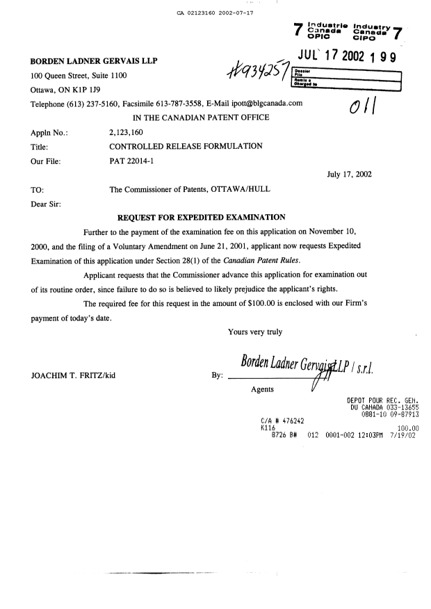Canadian Patent Document 2123160. Prosecution-Amendment 20020717. Image 1 of 1