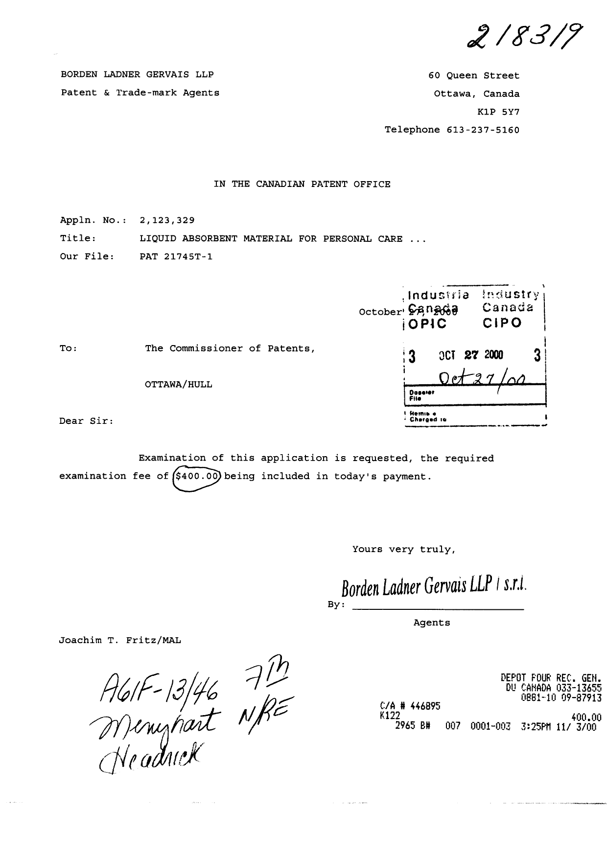 Canadian Patent Document 2123329. Prosecution-Amendment 20001027. Image 1 of 1