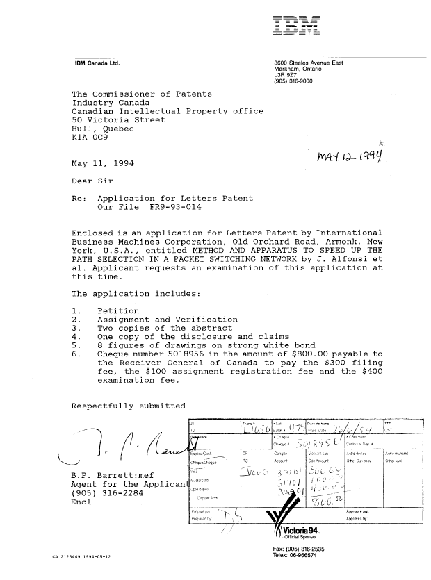 Canadian Patent Document 2123449. Assignment 19931212. Image 1 of 5