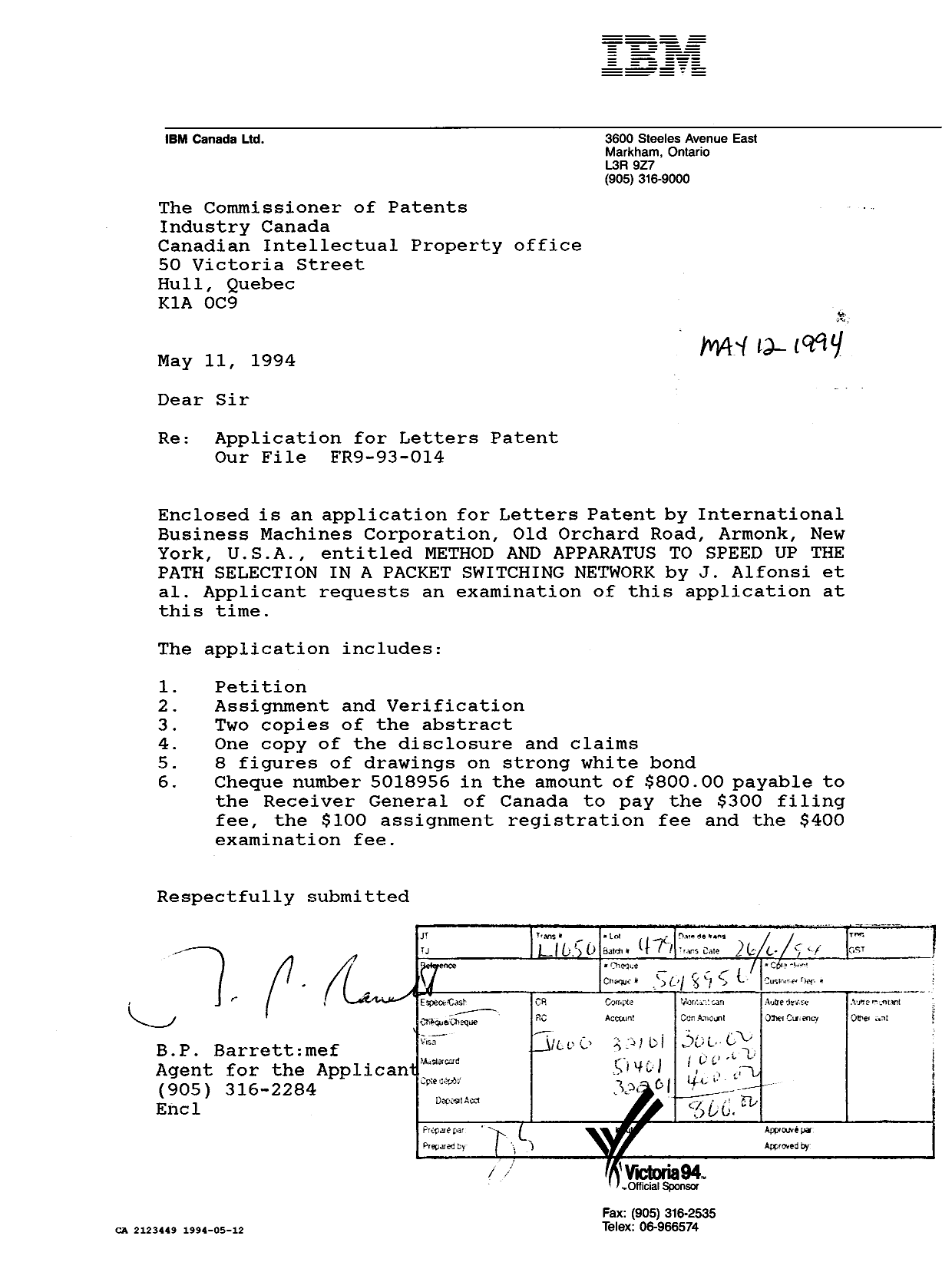 Canadian Patent Document 2123449. Assignment 19931212. Image 1 of 5