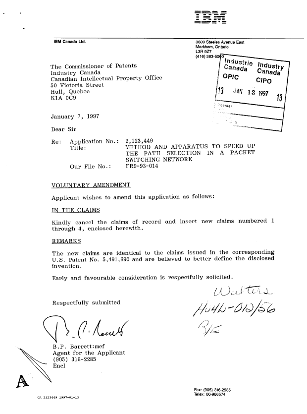 Canadian Patent Document 2123449. Prosecution-Amendment 19961213. Image 1 of 1