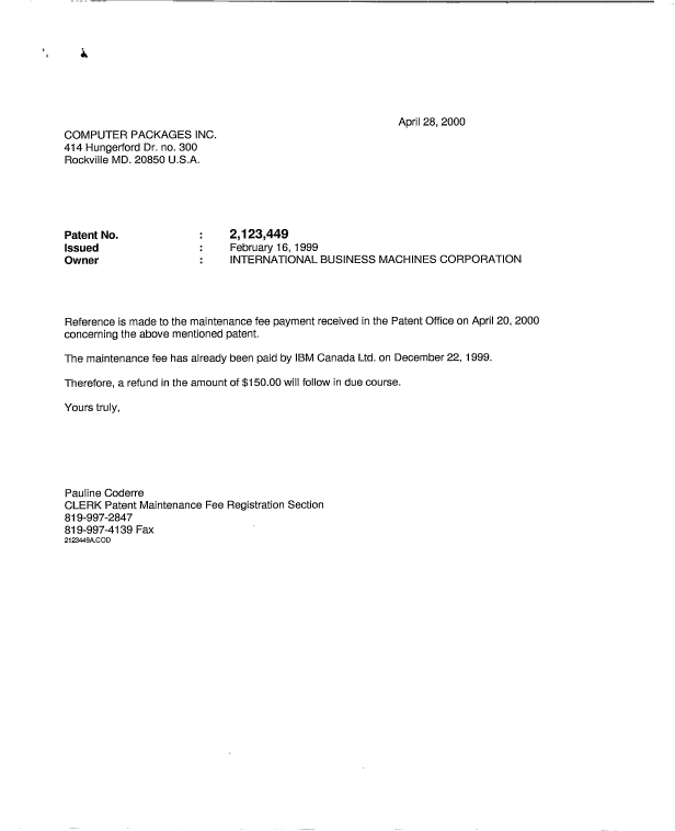 Canadian Patent Document 2123449. Correspondence 19991228. Image 1 of 1
